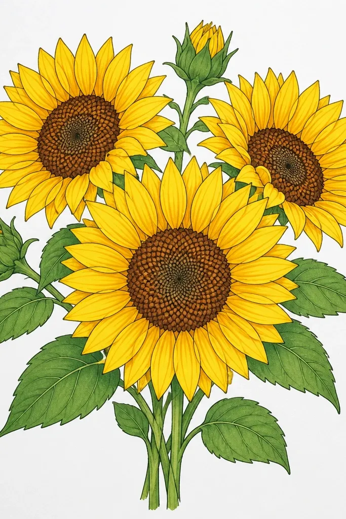 A clean, graphic sunflower bouquet drawing on white paper. Each petal has a thin darker yellow-brown edge line, and the center is a tight spiral of brown dots. Stems and leaves are colored with minimal blending.
