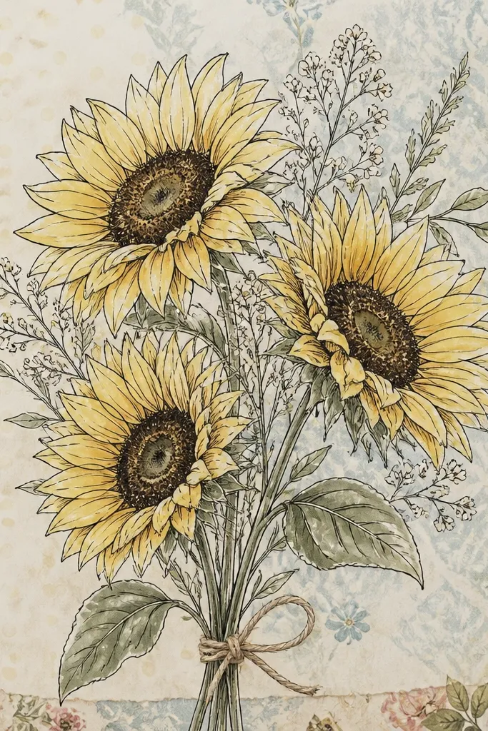 A bouquet drawing on patterned scrapbook paper with a soft floral border. Sunflowers are outlined in black gel pen, with light yellow wash petals and a textured brown center. The background pattern peeks through around the flowers.