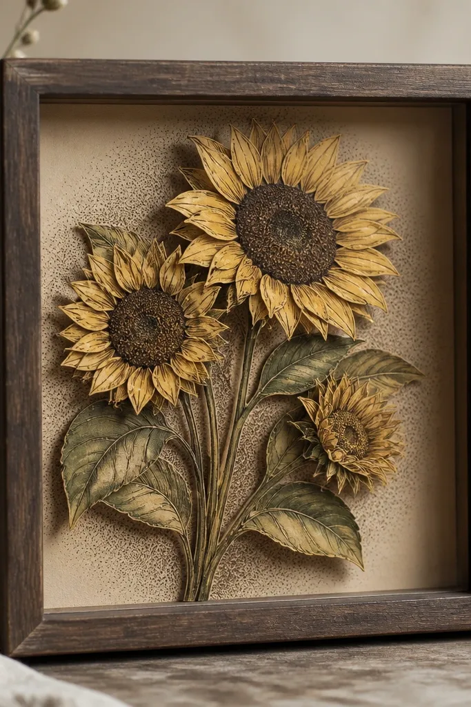 A small shadow box with a clear front. Inside, a layered sunflower bouquet drawing shows cutout stems and flower heads raised slightly from the paper. The background is a muted beige card, and the center has stippled brown texture.