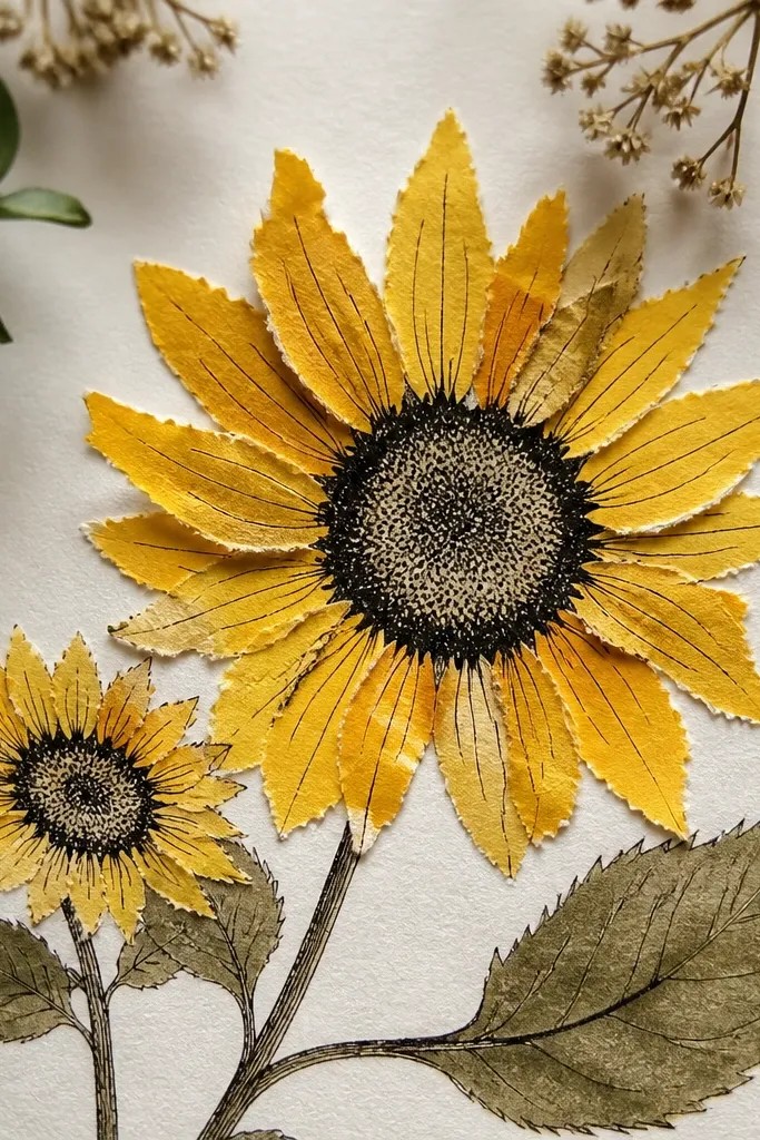 Sunflowers made partly from torn yellow paper strips. Petals have visible paper fibers, and inked veins run from petal base to tip. The center is drawn with ink dots and a dark ring.