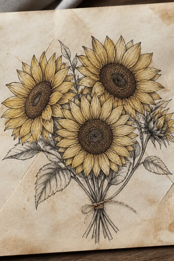A bouquet drawing on an old envelope stained with coffee. Sunflowers are sketched in pencil, then outlined with dark pen. Petals are light yellow with darker edges, and the center has stippled brown texture.