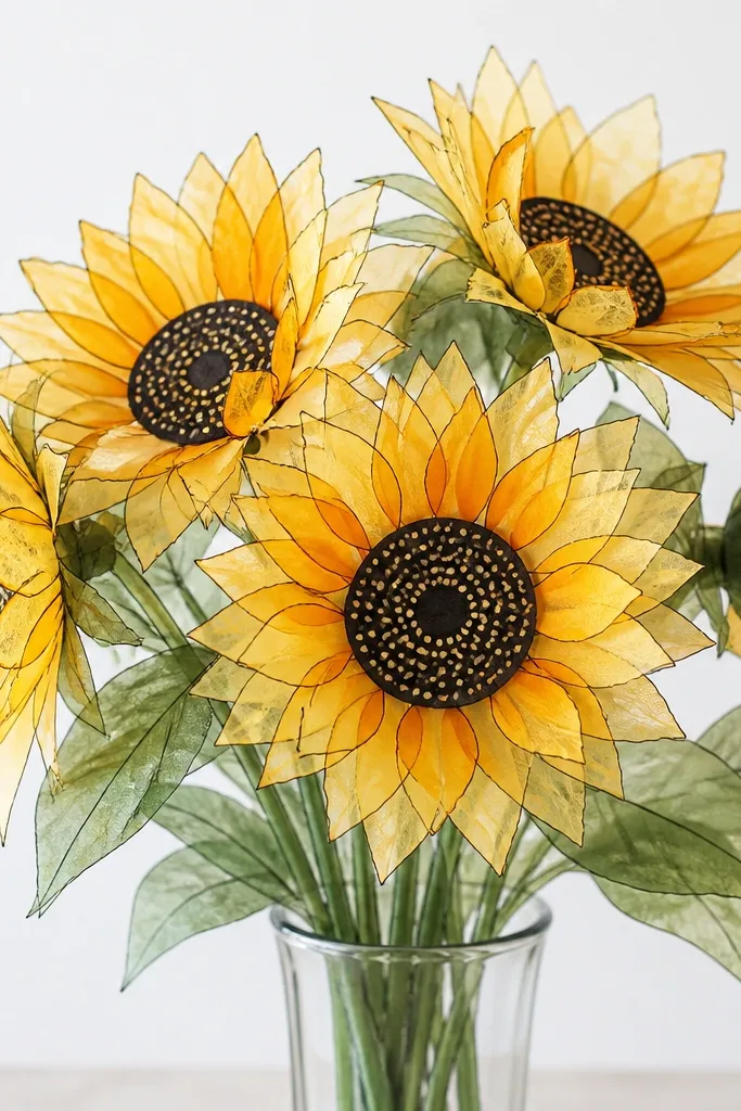 A sunflower bouquet where petals are translucent tissue paper layered behind a black marker outline. The centers are dark with dot patterns. The background is white so the tissue glow shows.