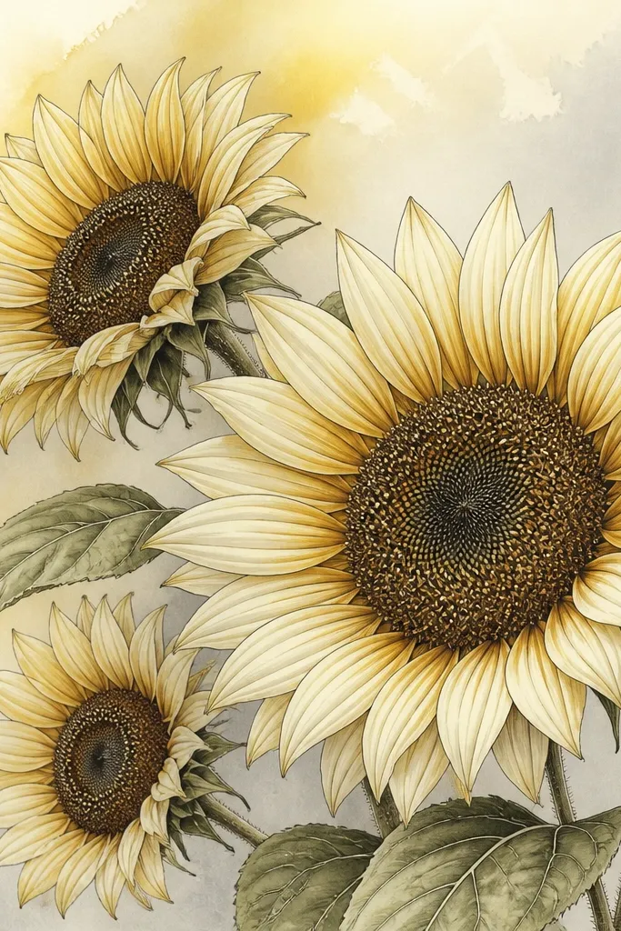 A drawing where the background is lightly washed in pale yellow and gray. Sunflowers have strong dark outlines and a very detailed brown center. Petals are light yellow with ochre shading only near the center.