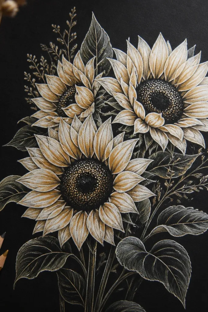 A sunflower bouquet drawn on black paper. Petals are cream with ochre shading, outlined with a light gray pencil and then white gel pen for highlights. The center is dark with lighter speckled dots.