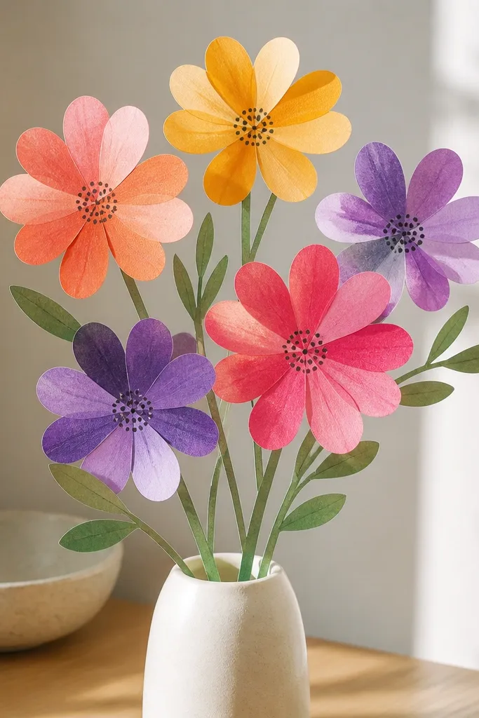 A bouquet where petals match in shape because they're cut from a template. Petals are colored with marker in gradients, and the center is detailed with dots. Stems are drawn with a consistent line thickness.