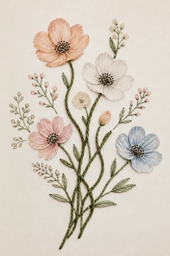 A paper bouquet where stems are made from embroidery floss stitched through the page. Petals are drawn in marker and pencil, while the stitched stems curve through the flowers. The center has dot texture.