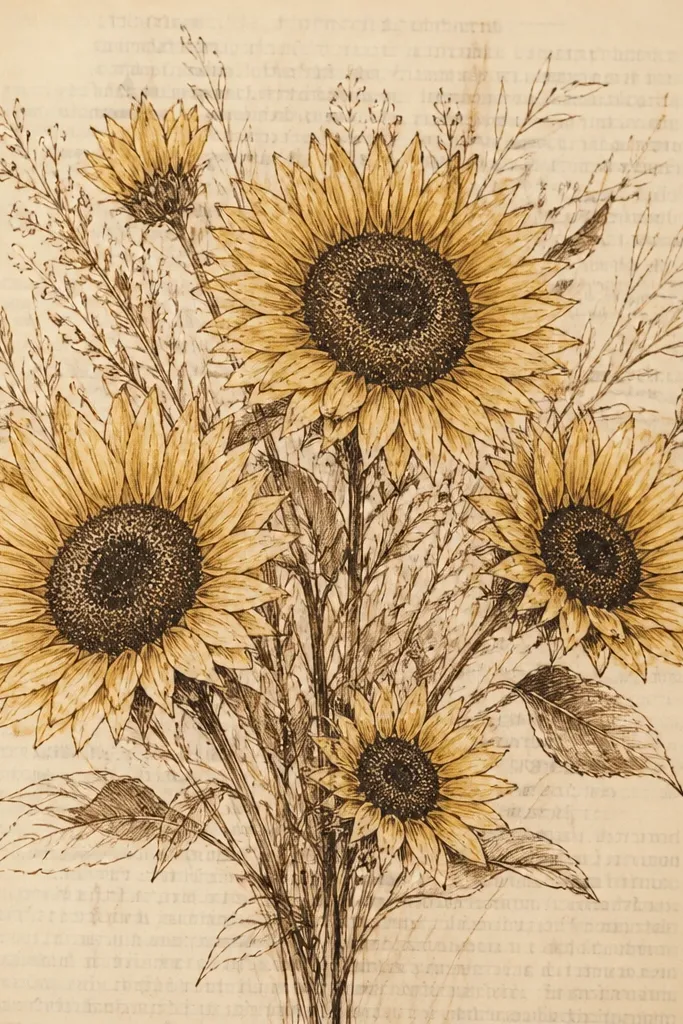 A bouquet drawing on aged book paper with faint printed text visible behind the sunflowers. Petals are drawn with sepia ink and light yellow pencil, and the center has dark dot texture. Stems look handwritten with thin lines.