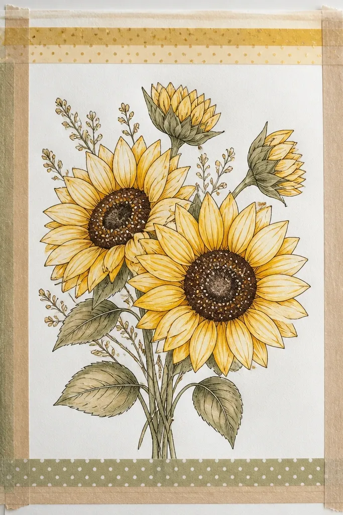 A sunflower bouquet drawing framed with layered washi tape at the edges. The flowers are outlined in pen, petals are light yellow with ochre edges, and the center has bold pop dot highlights.