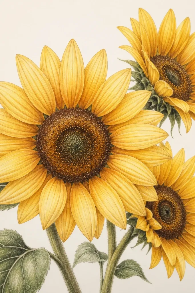 Sunflowers with softly glowing petals made from layered colored pencil burnishing. Petals have smooth gradients from pale yellow to deeper ochre at edges. The center is detailed with dots and a dark ring; stems are lightly shaded green.