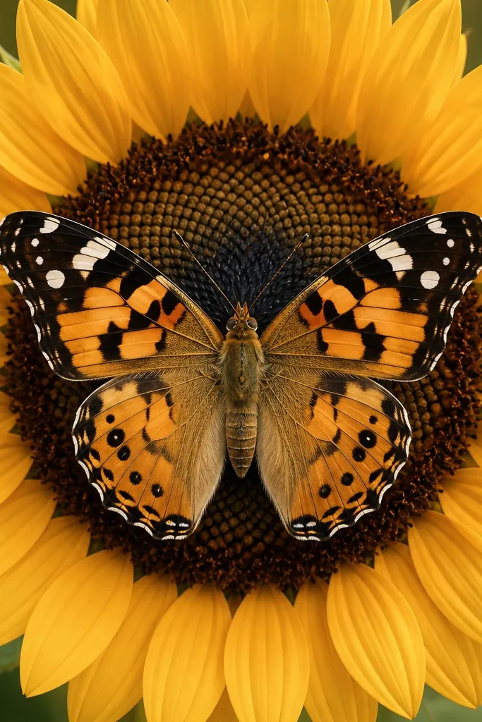 A butterfly with symmetrical wings in front of a large sunflower head; petals form a soft circular halo behind the wings, and the sunflower center has a tight ring of dark seeds.