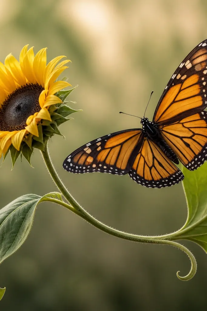A butterfly angled diagonally with one wing higher; a sunflower head sits on a curved stem that swoops under the wings, and leaves curl like parentheses.