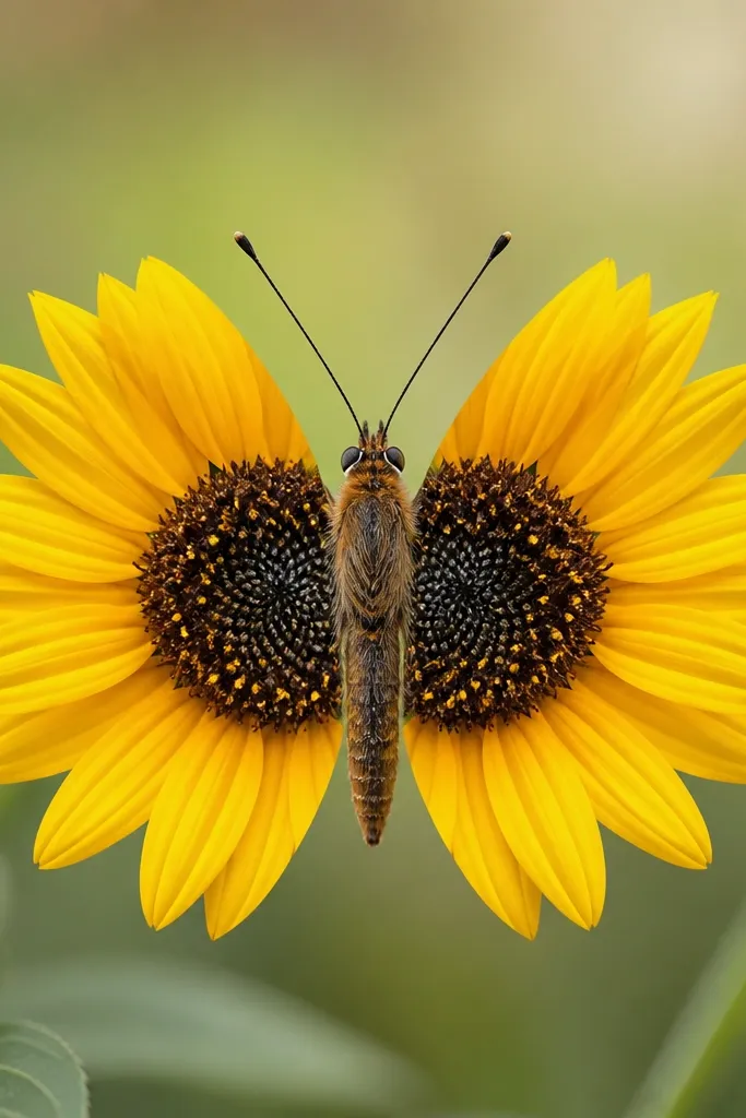 Two small sunflower heads sit on either side of a butterfly body; the petals fan outward like a split-screen behind the butterfly wings.