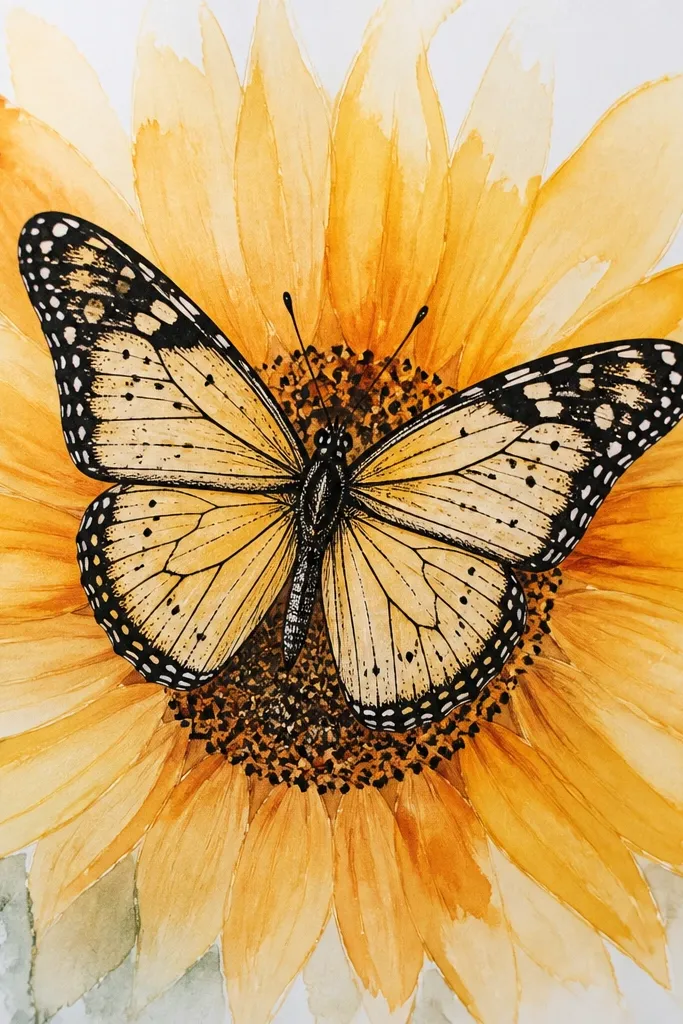 Soft watercolor sunflower petals behind a crisp ink butterfly outline; the butterfly wings have light speckles and the sunflower center is defined with sharp ink marks.