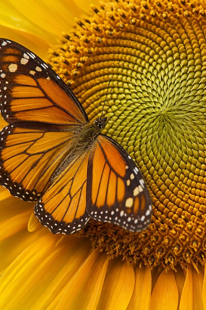 A sunflower center spiral sits behind the butterfly; the butterfly wing veins follow the spiral direction with curved lines that echo the center pattern.