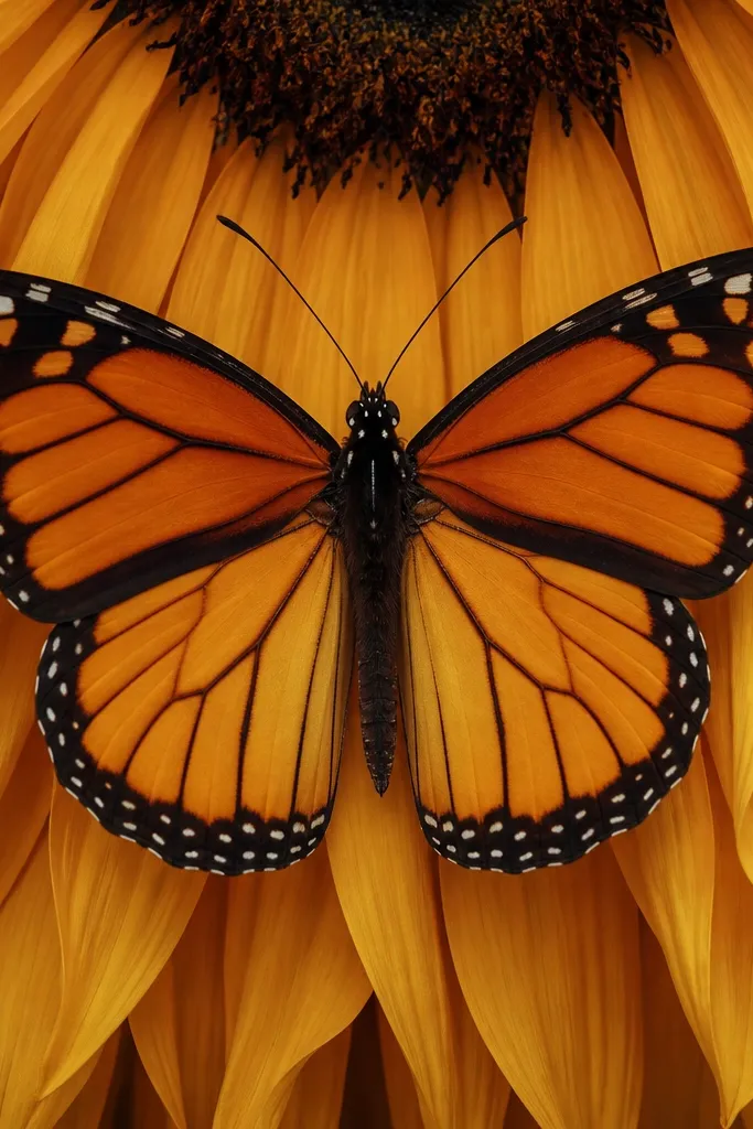 Long sunflower petals hang like curtains behind the butterfly wings; the butterfly is centered, and the petals overlap the wing edges like layered fabric.