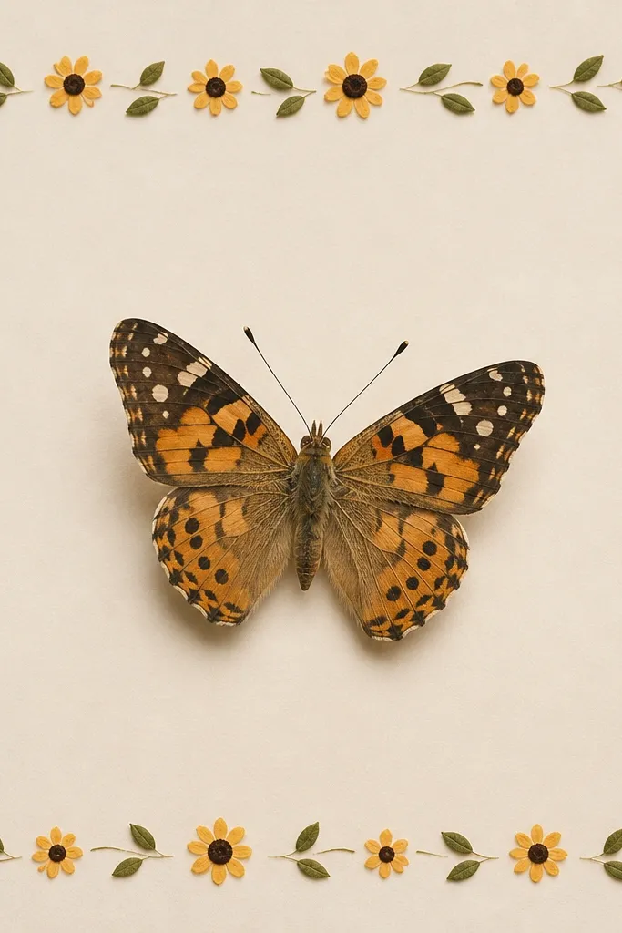 A butterfly sits inside a hand-drawn rectangular border made of tiny sunflower heads and leaves; petals are simplified into small teardrops.