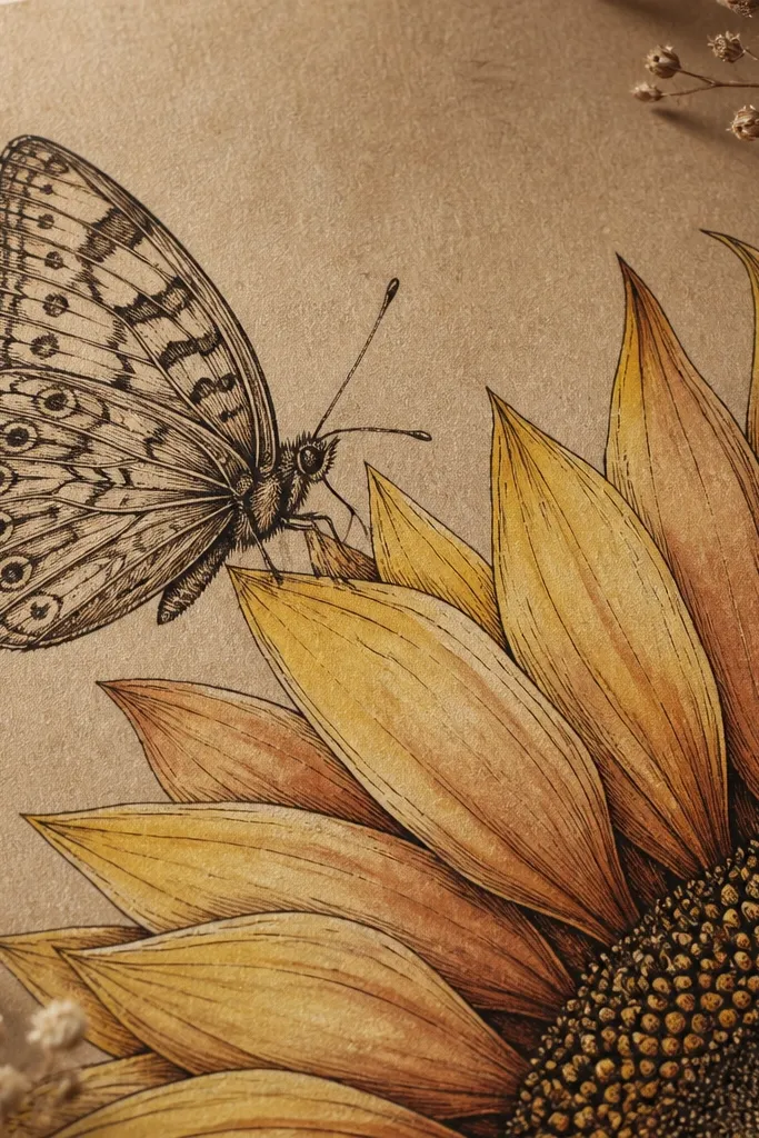A butterfly drawn in dark brown ink on kraft paper; sunflower petals are colored with muted yellows and orange-brown, and the center seeds are crisp.