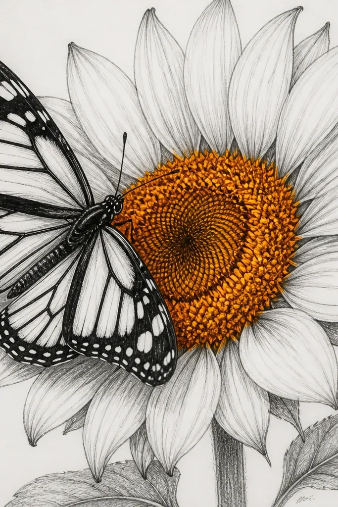 A black-and-white butterfly with sunflower petals drawn in pencil and ink; only the sunflower center is colored in deep golden orange.
