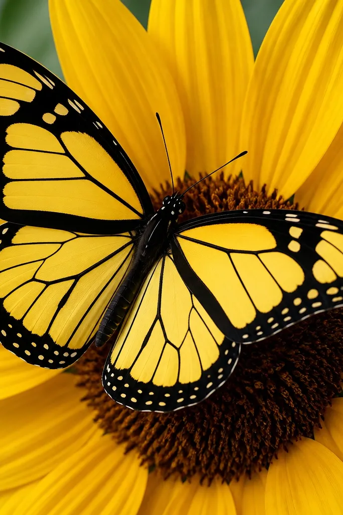 A high-contrast butterfly with thick black outlines; wings have flat pale-yellow and light-gold blocks, and the sunflower behind is simplified with bold petal shapes.