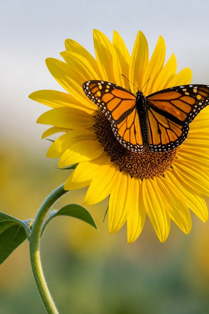 A sunflower head sits at the top of an arching stem; the butterfly wings cast a simple shadow on the petals behind.