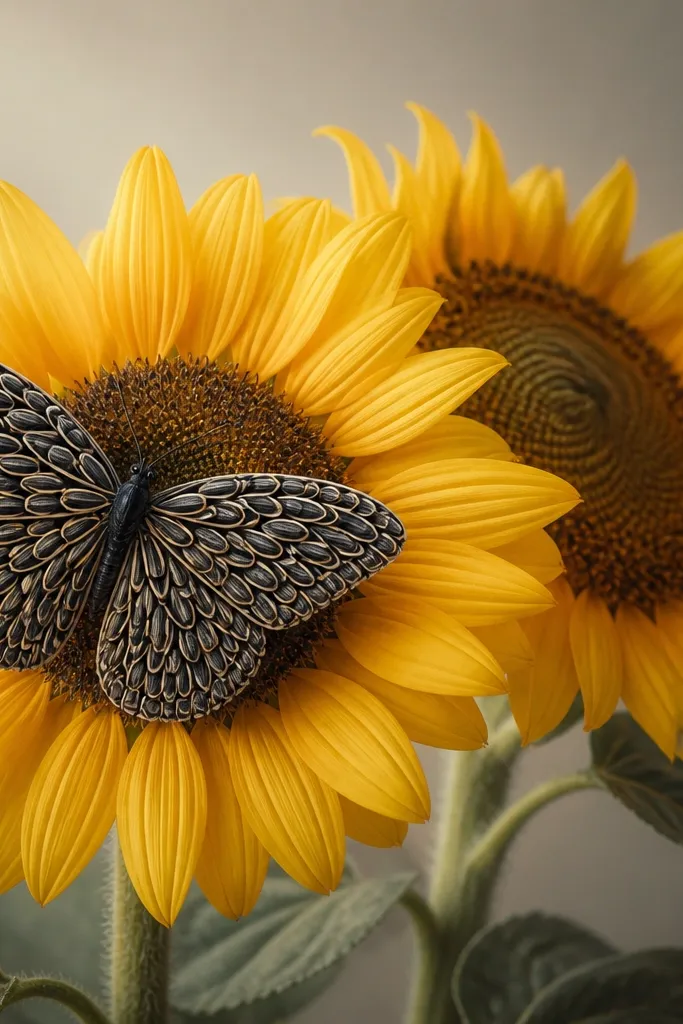 Butterfly wings are filled with tiny sunflower seed shapes; the back sunflower center is drawn normally with a spiral.