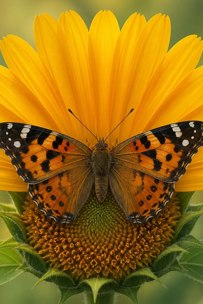A butterfly centered with its body aligned to the sunflower center; petals behind are drawn as a fan that opens upward like a hand fan.