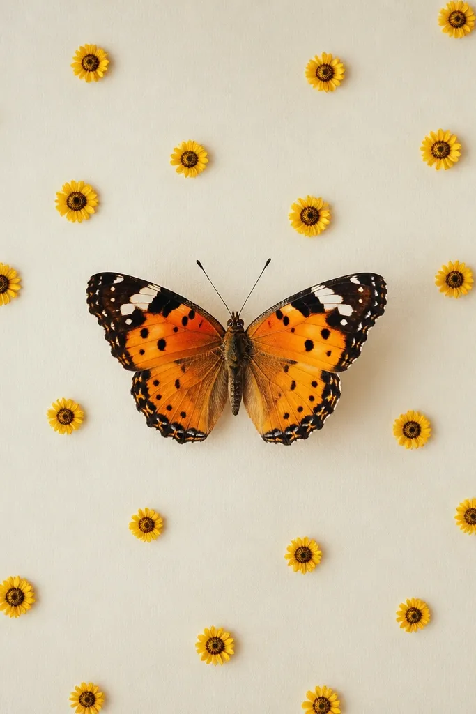 A butterfly in the center with several tiny sunflower heads scattered around it like confetti; each mini sunflower has a small seed dot center.