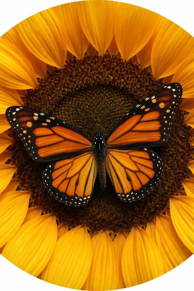 A circular border encloses a sunflower head behind a butterfly; petals form a ring that touches the frame, and the butterfly wings sit in the open center.