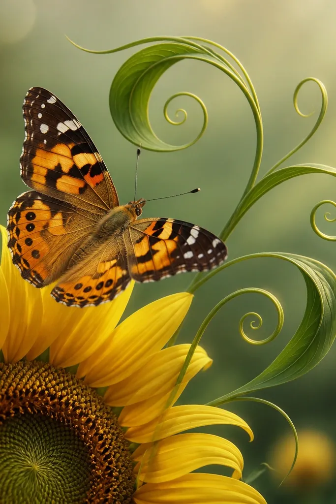A butterfly over a sunflower head with curling leaf swirls around the wings; leaves form S-shapes and end in tiny tips.