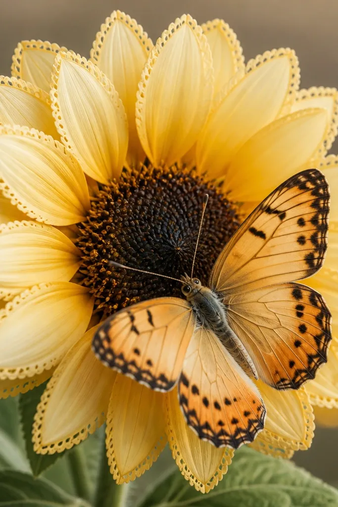 Sunflower petals have small scalloped edges like lace; a butterfly sits in front with delicate wing veins and a lightly shaded body.