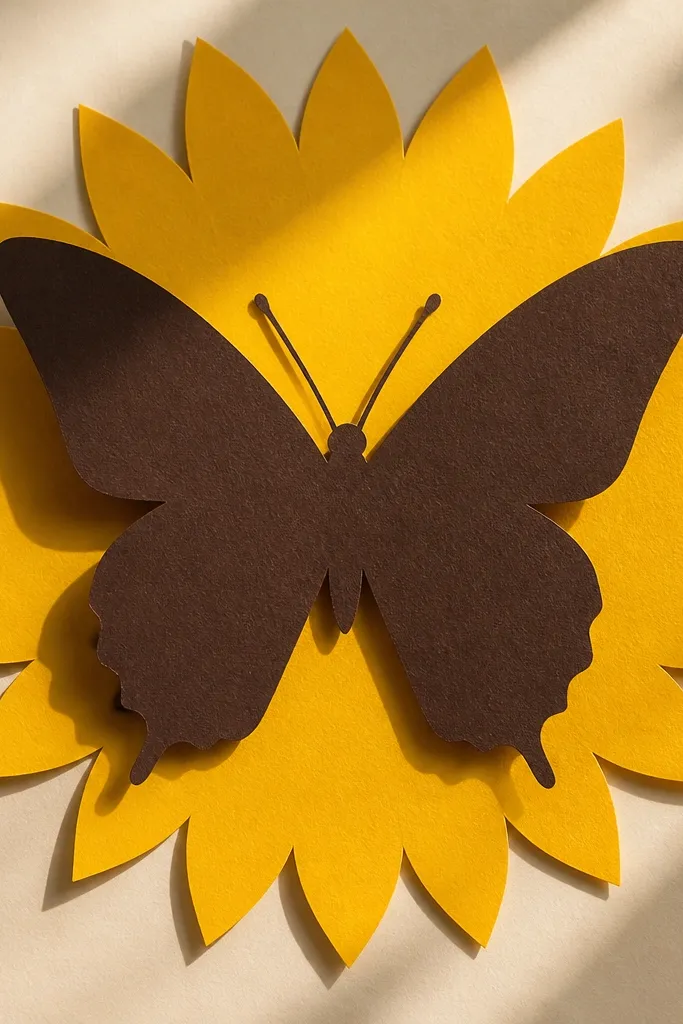 A bold silhouette butterfly in front of a sunflower shape; the sunflower petals are filled with yellow while the butterfly is darker brown, like a paper cutout.