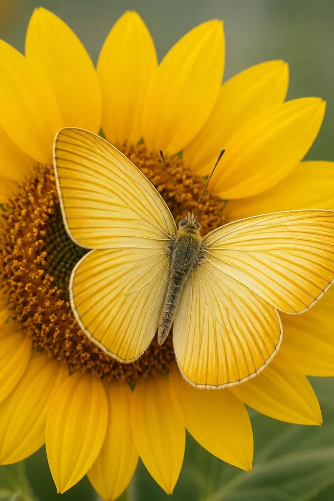 A butterfly with wings filled with diagonal stripes that fade from pale yellow near the body to deeper gold at the edges; sunflower petals behind are simple teardrops.
