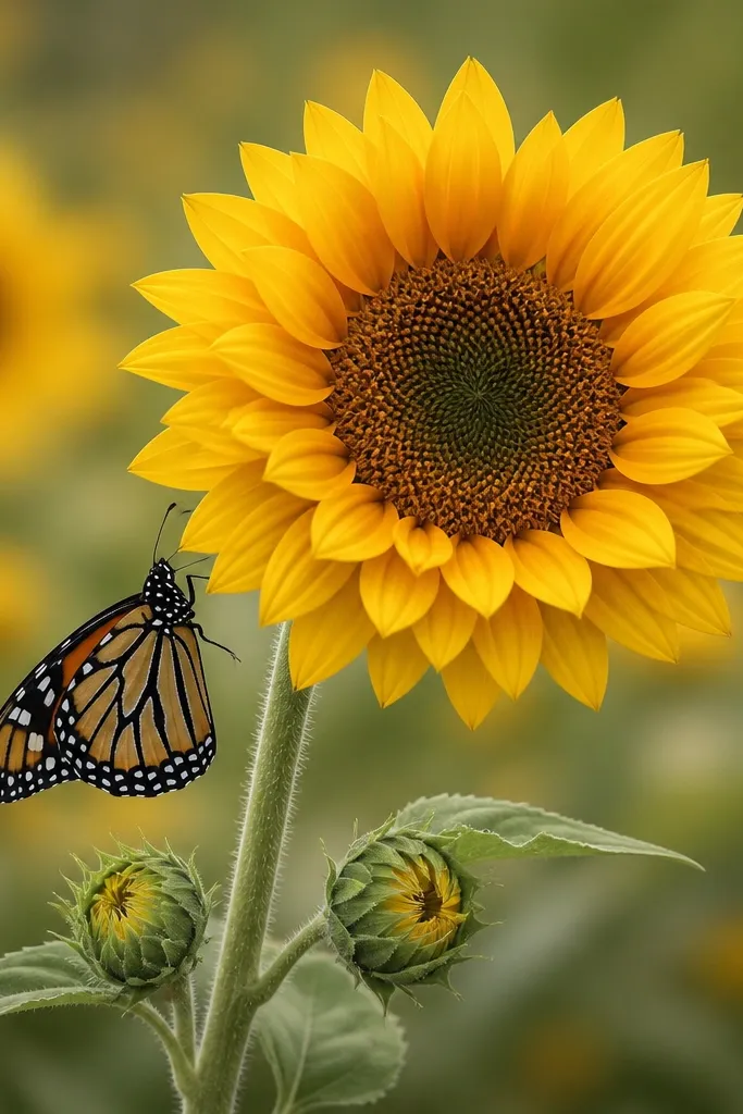 A butterfly perched on a sunflower stem with two small buds below; the sunflower petals include extra overlapping layers, and the center has a dense seed ring.