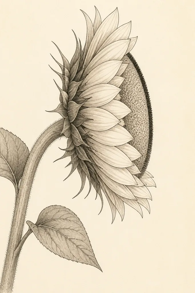 A tall sunflower drawn in side view on cream paper. The head is an oval center with petal ribbons layered like a staircase. A dark rim shadow runs along the far edge of the head, and the stem curves up from the bottom left. Clean fineliner outlines with soft pencil shading fill the petal bases.