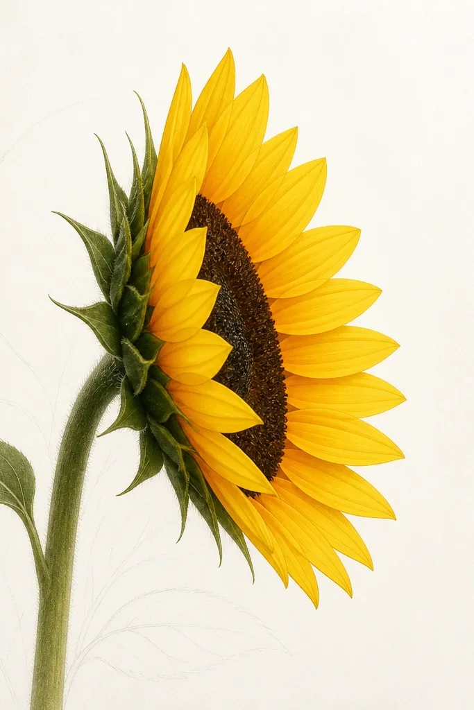 A minimal sunflower side view where only two visible petal layers are drawn. The center disk is an elongated oval. Petals are bold and clean, with a soft gradient at the base of each petal. The background is mostly blank with a faint pencil guideline sketch.