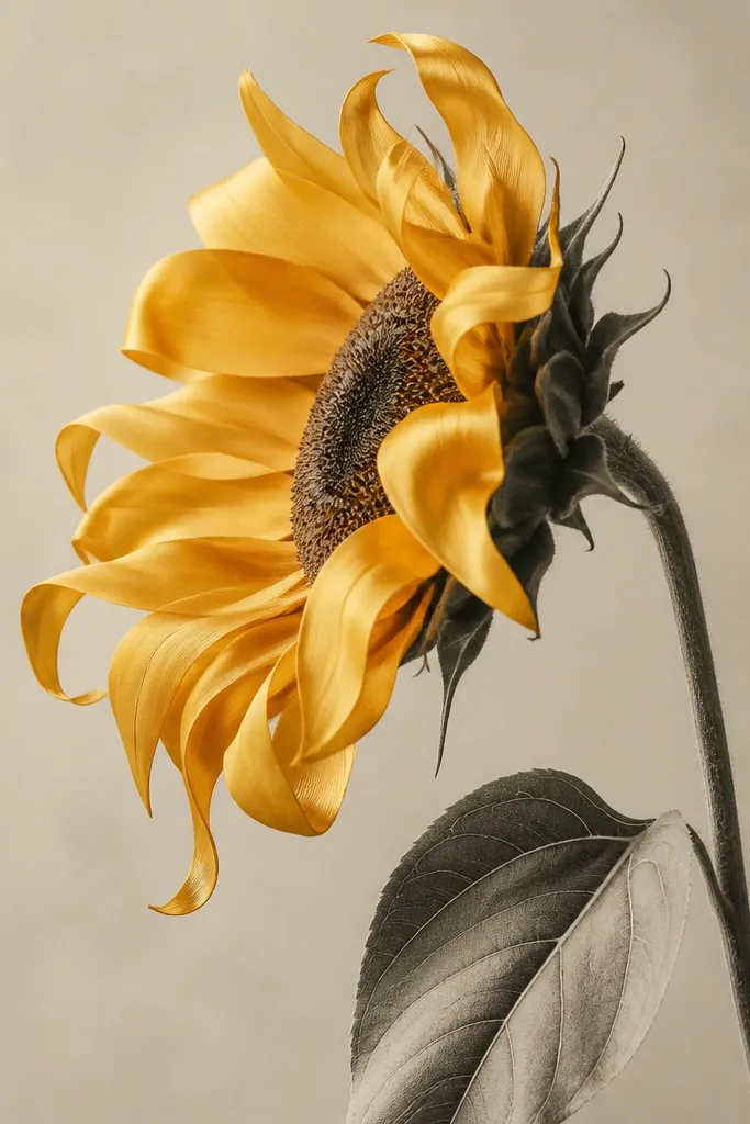 A sunflower side view where the petals look like ribbon fabric. Petals overlap with smooth curves, some petals curling at the tips. The center disk is an oval with short seed lines radiating backward. The stem is thin and the leaf is shaded with soft graphite.