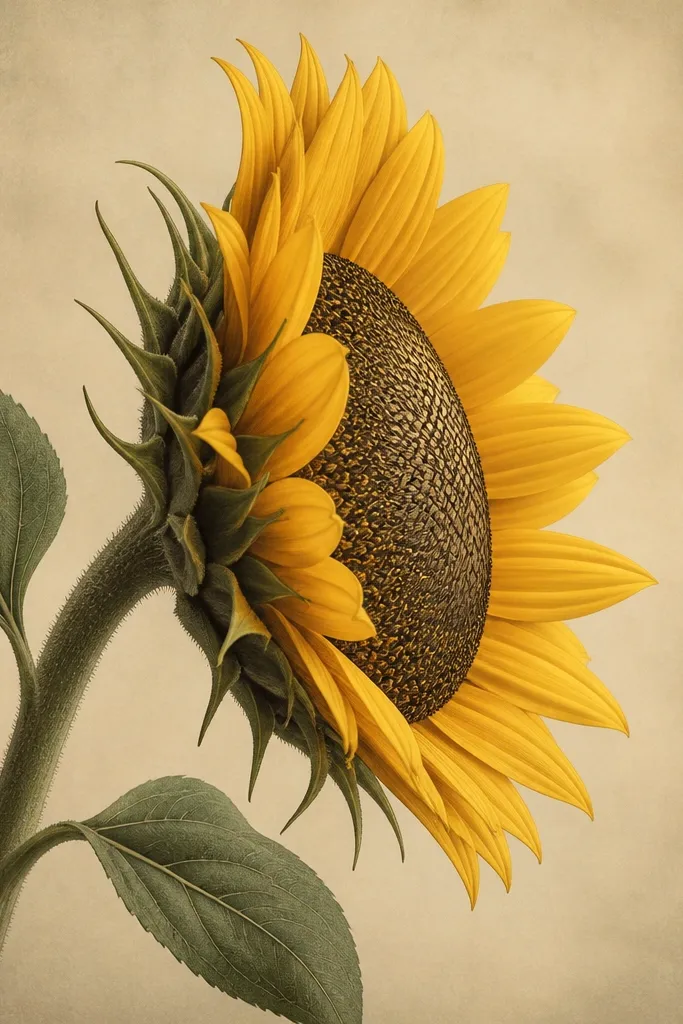 A side-view sunflower with an oval center disk filled with dense, etched-looking seed lines. Petals are colored in warm yellow with darker bases. The seed area has fine cross-hatching along the far side, giving an antique print feel.