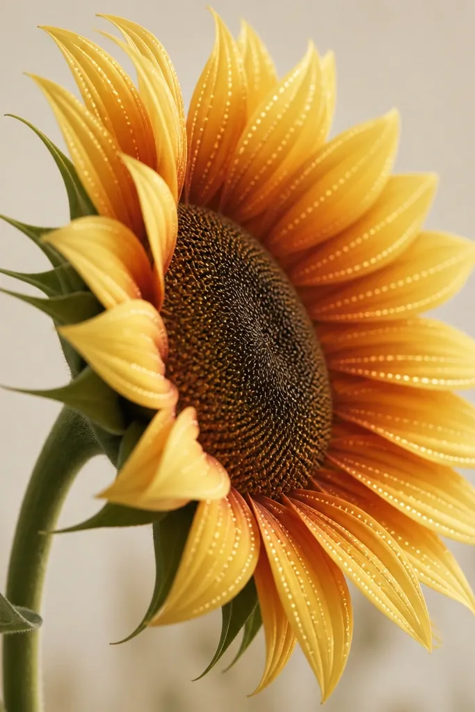 A side-view sunflower with petals shaded in golden yellow and burnt orange bases. Along the petal highlights, there are tiny pale dots like pearls following the petal curves. The center disk is an oval with fine seed lines and a soft shadow gradient.