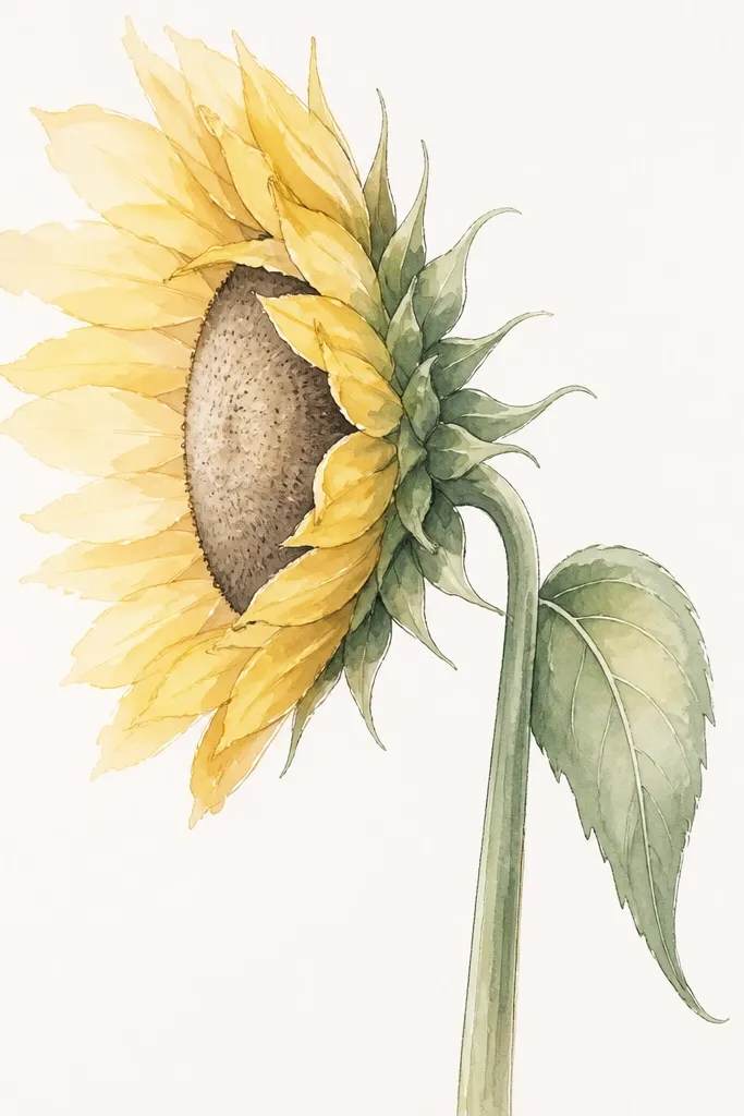 A side-view sunflower where the petals have watercolor-like edges. The head oval is defined by clean fineliner, and the color fades outward. The rim shadow is a soft gray-brown wash. The stem and leaf are lightly washed in green with a pale highlight.