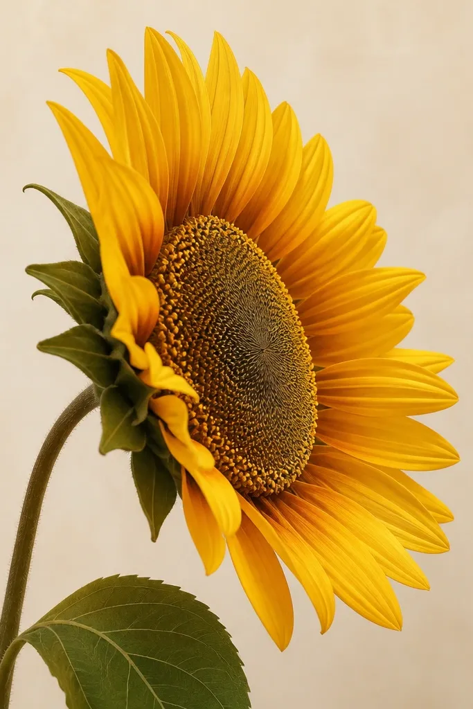 A sunflower side view with a clean oval center disk. The front half has fine seed lines, and the far half has a gold ink arc that follows the oval curve. Petals are warm yellow with burnt orange shading at the base. The stem is minimal and the leaf is a simple silhouette.