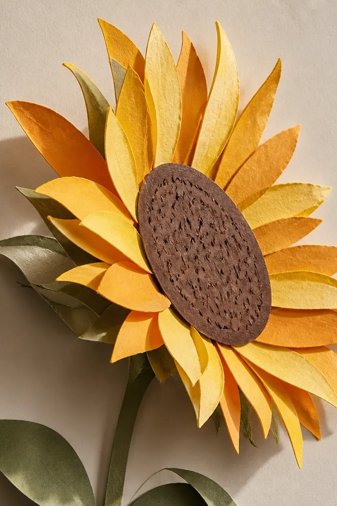 A mixed-media sunflower side view made from cut paper. Petals are layered paper strips with slightly uneven edges, colored in warm yellow and burnt orange gradients. The center disk is an oval of textured brown paper with tiny seed marks. A real paper shadow sits behind the layers.