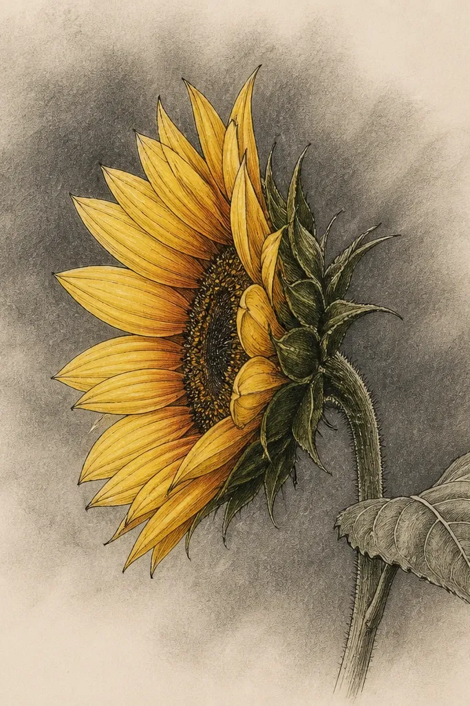 A side-view sunflower drawn in fineliner and pencil on off-white paper. Behind the sunflower, a soft charcoal smudge creates a smoky gradient. The petals are warm yellow with burnt orange at the bases, and a clear rim shadow separates the head from the smoky background.