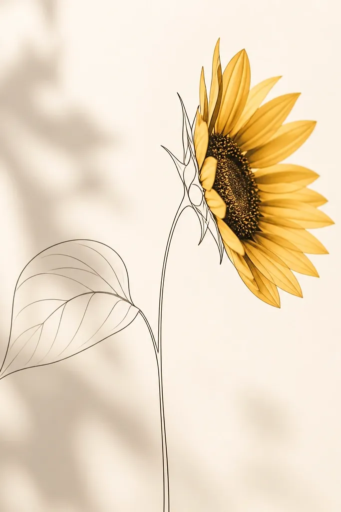 A side-view sunflower with a very thin monoline stem drawn in dark ink. One leaf fans out behind the stem, drawn with minimal vein lines. Petals are warm yellow with darker bases, and the center disk is an oval with light seed marks.