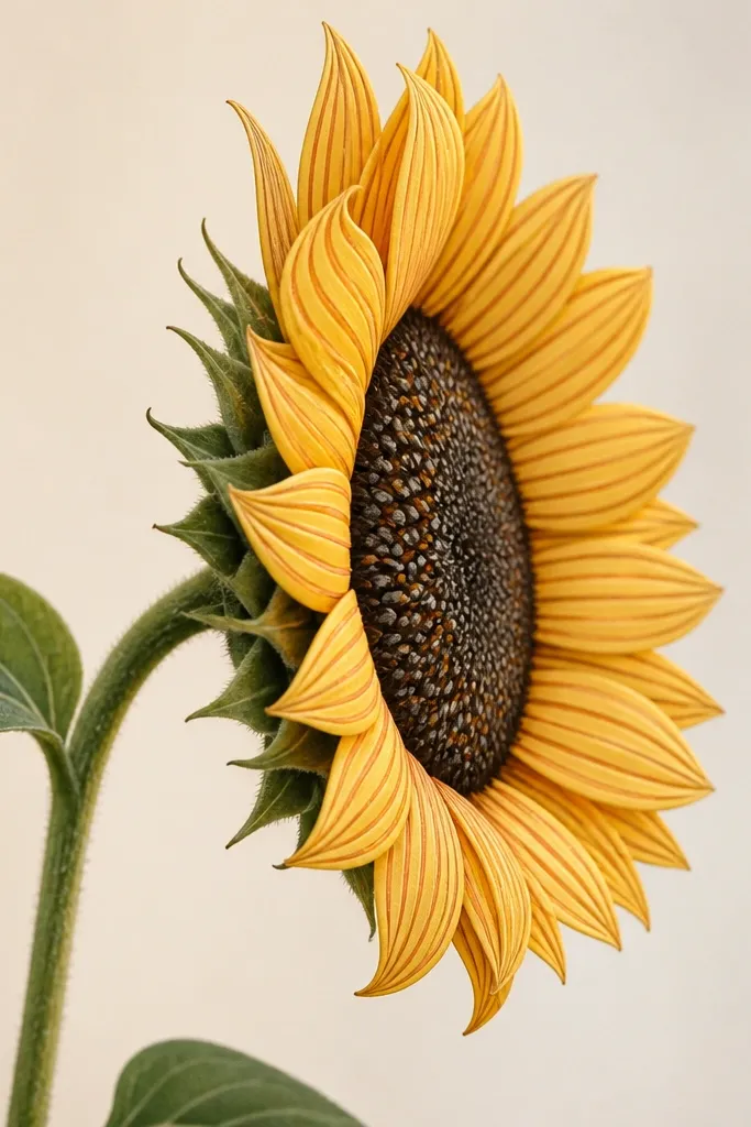 A side-view sunflower where each petal has subtle patterned bands like hand-drawn stripes. Petals are warm yellow with thin burnt orange striping. The center disk is an oval with scattered seed marks. The rim shadow is clean and dark, separating the head from the background.