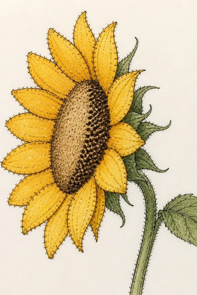 A side-view sunflower drawn with fineliner outlines and colored petals. Along the petal edges and the rim, there are small repeating stitch marks like embroidery. The center disk has an oval outline and seed shading, with the stitches concentrated on the far side for depth.