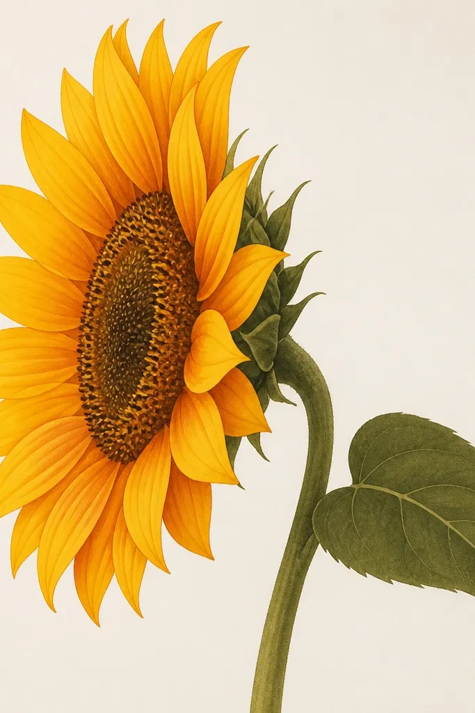 A side-view sunflower colored with matte markers. The petals show smooth velvet shading from bright golden at the front to deeper burnt orange at the base. The center disk is an oval with seed dots and short lines. The stem and leaf are muted olive with minimal line detail.