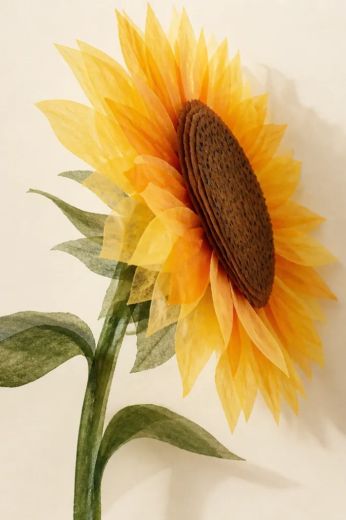 A side-view sunflower made from layered tissue paper. Petals are semi-transparent yellow and orange tissue pieces stacked to create glow. The center disk is an oval of layered brown tissue with fine pen seeds. A soft paper shadow falls behind the head.