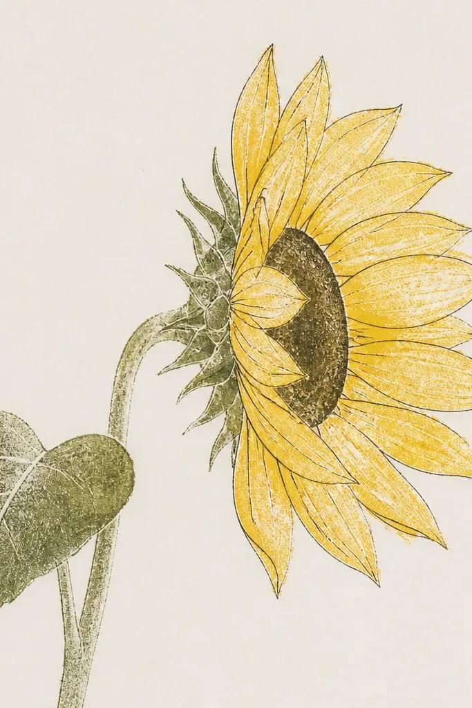 A side-view sunflower where the petals have monoprint texture - faint speckles and streaks. The head oval and petals are outlined in ink. The center disk has an oval with printed grain. The stem and leaf have a lighter printed texture with minimal linework.