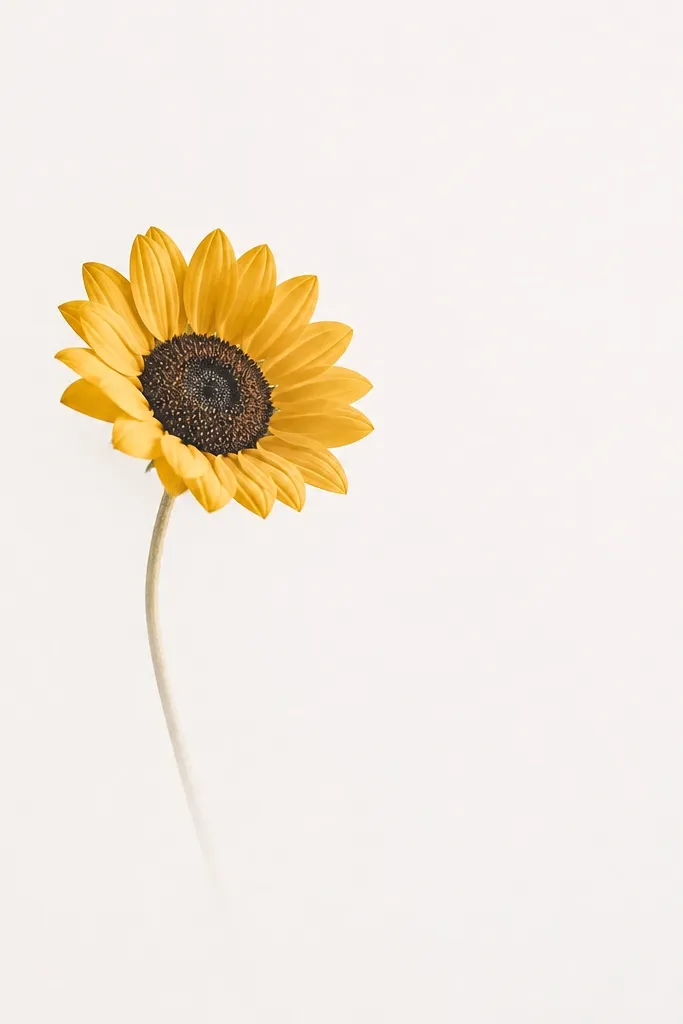 A single modern minimalist sunflower on white paper: a small off-center seed head, a tight ring of simple petal arcs, and a thin pale stem fading into empty space.