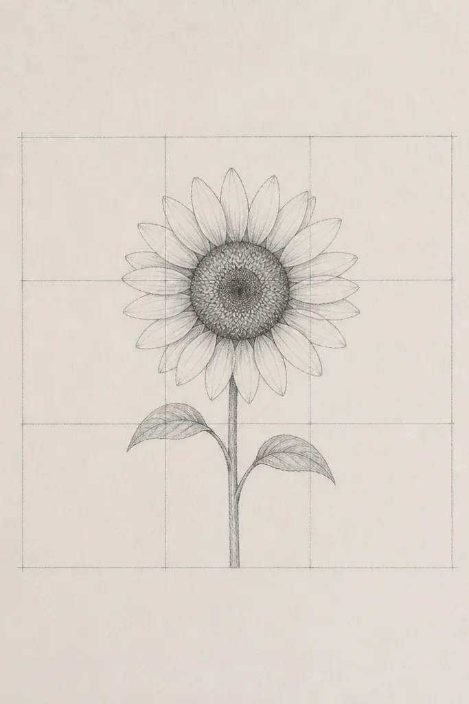 A minimalist sunflower centered inside a faint 3x3 grid drawn in light pencil lines; petals are simple arcs, seed head is a textured circle, and the stem stays inside the grid.